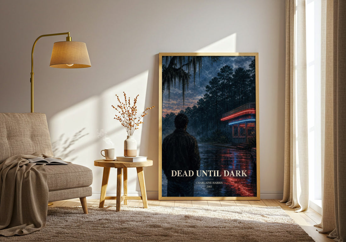 Dead Until Dark watercolour print in frame leaning in hallway – fantasy wall art (mockup)