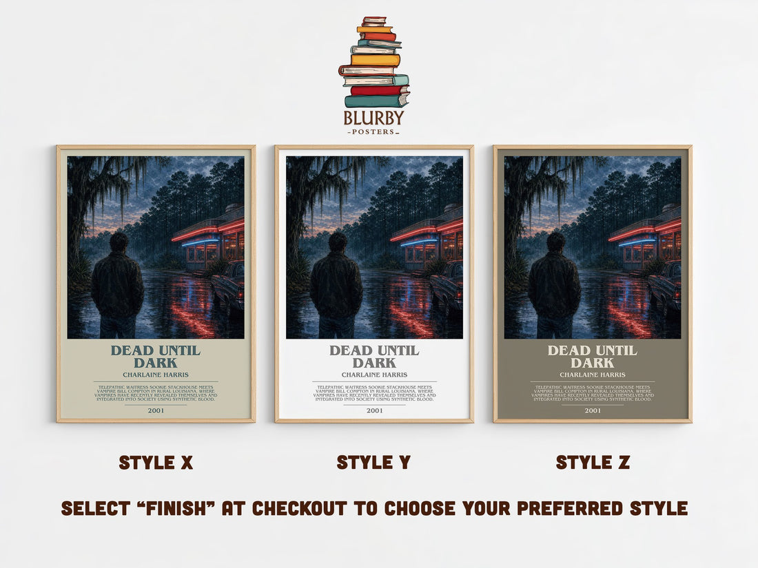 Dead Until Dark bookish print in frame leaning in hallway – fantasy wall art (mockup)
