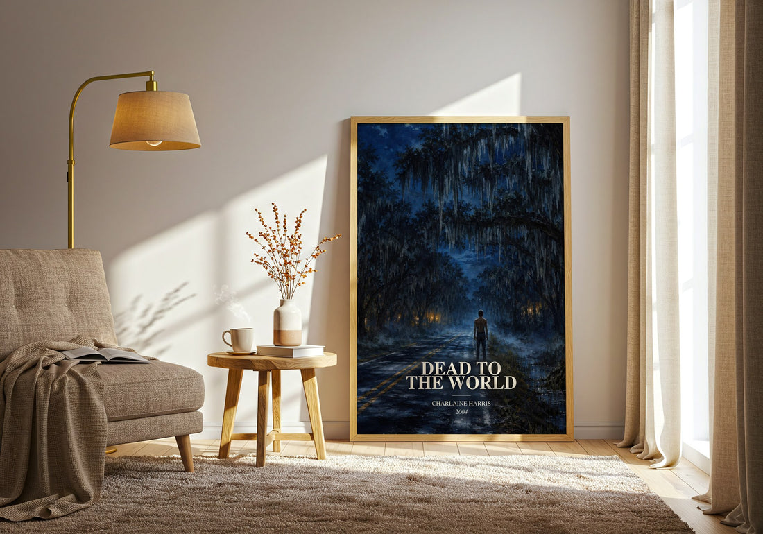 Dead to the World watercolour print in frame leaning in hallway – romance wall art (mockup)
