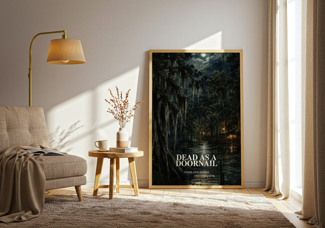 Dead as a Doornail watercolour print in frame leaning in hallway – fantasy wall art (mockup)