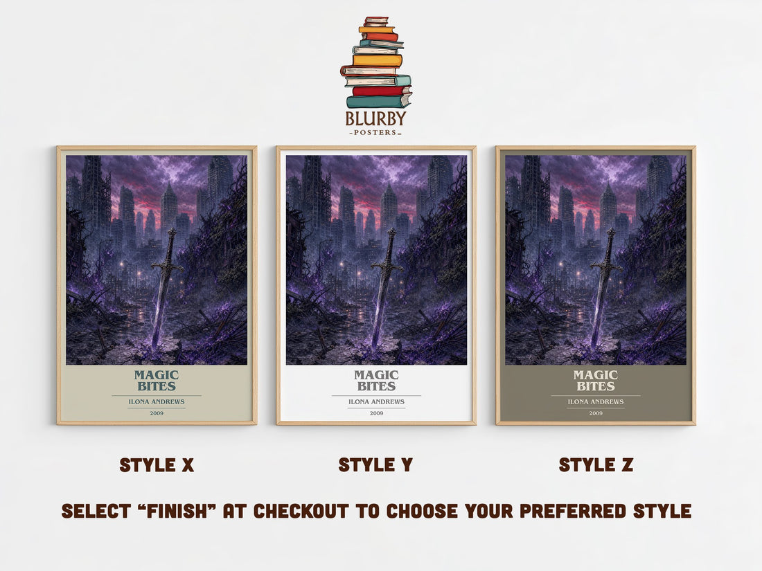 Magic Bites book cover print in frame leaning in hallway – fantasy wall art (mockup)