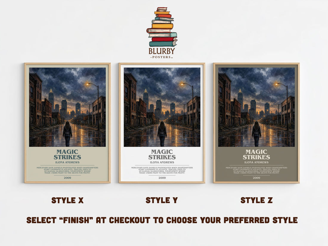 Magic Strikes bookish print in frame leaning in hallway – fantasy wall art (mockup)