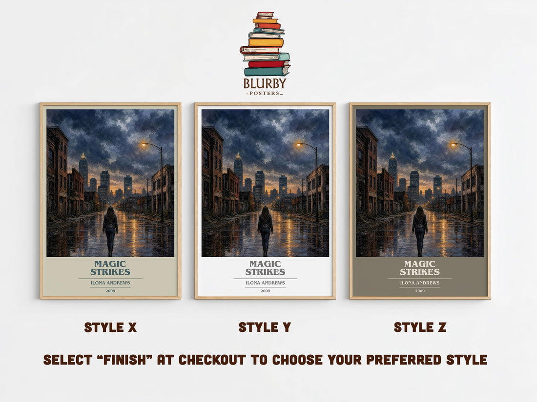 Magic Strikes book cover print in frame leaning in hallway – fantasy wall art (mockup)
