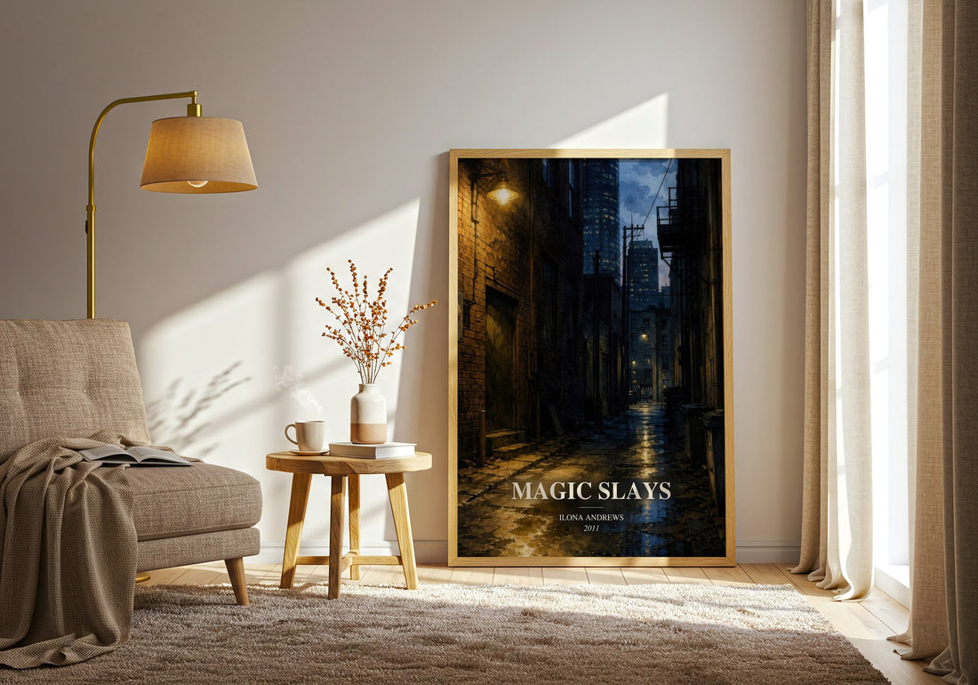 Magic Slays watercolour print in frame leaning in hallway – fantasy wall art (mockup)