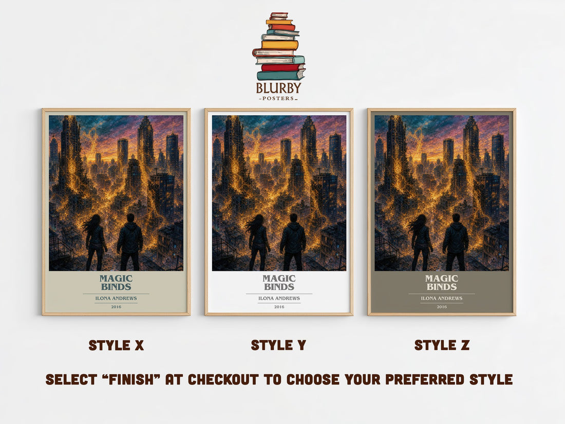 Magic Binds book cover print in frame leaning in hallway – fantasy wall art (mockup)