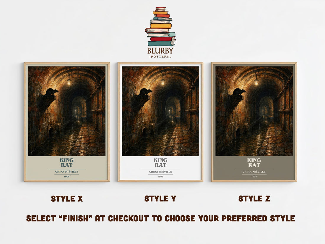 King Rat book cover print in frame leaning in hallway – fantasy wall art (mockup)