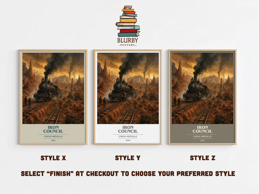 Iron Council book cover print in frame leaning in hallway – fantasy wall art (mockup)