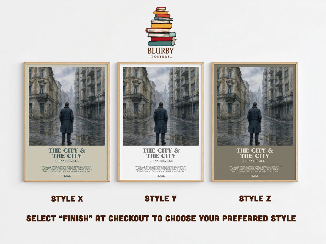 The City & the City bookish print in frame leaning in hallway – mystery wall art (mockup)