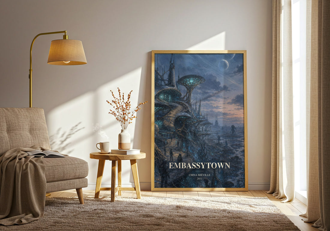 Embassytown watercolour print in frame leaning in hallway – sci fi wall art (mockup)