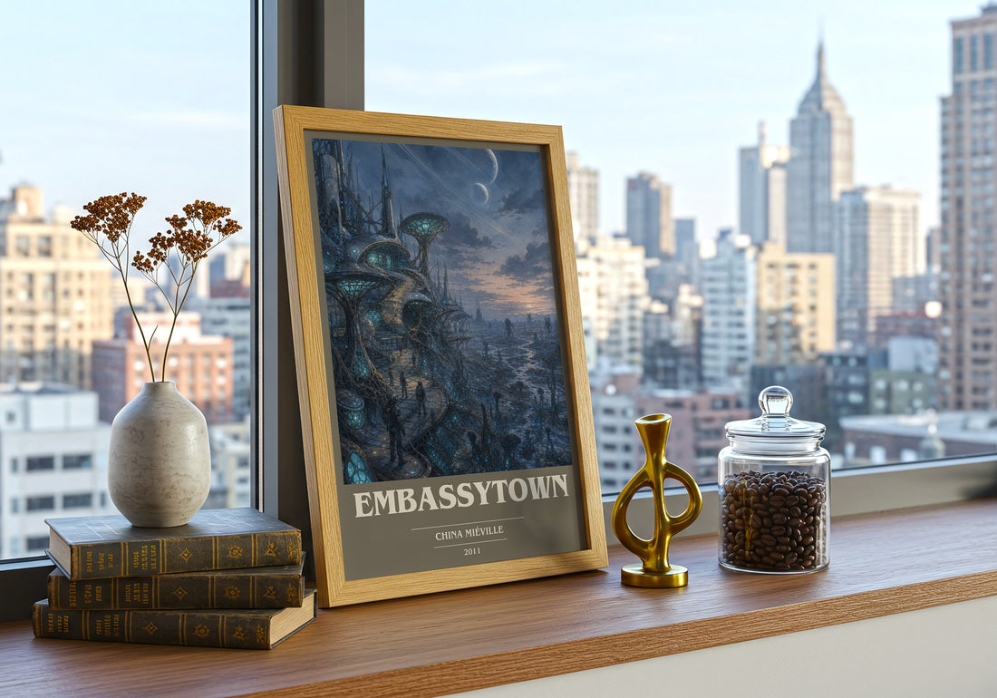 Embassytown book cover print framed by window – literary home decor