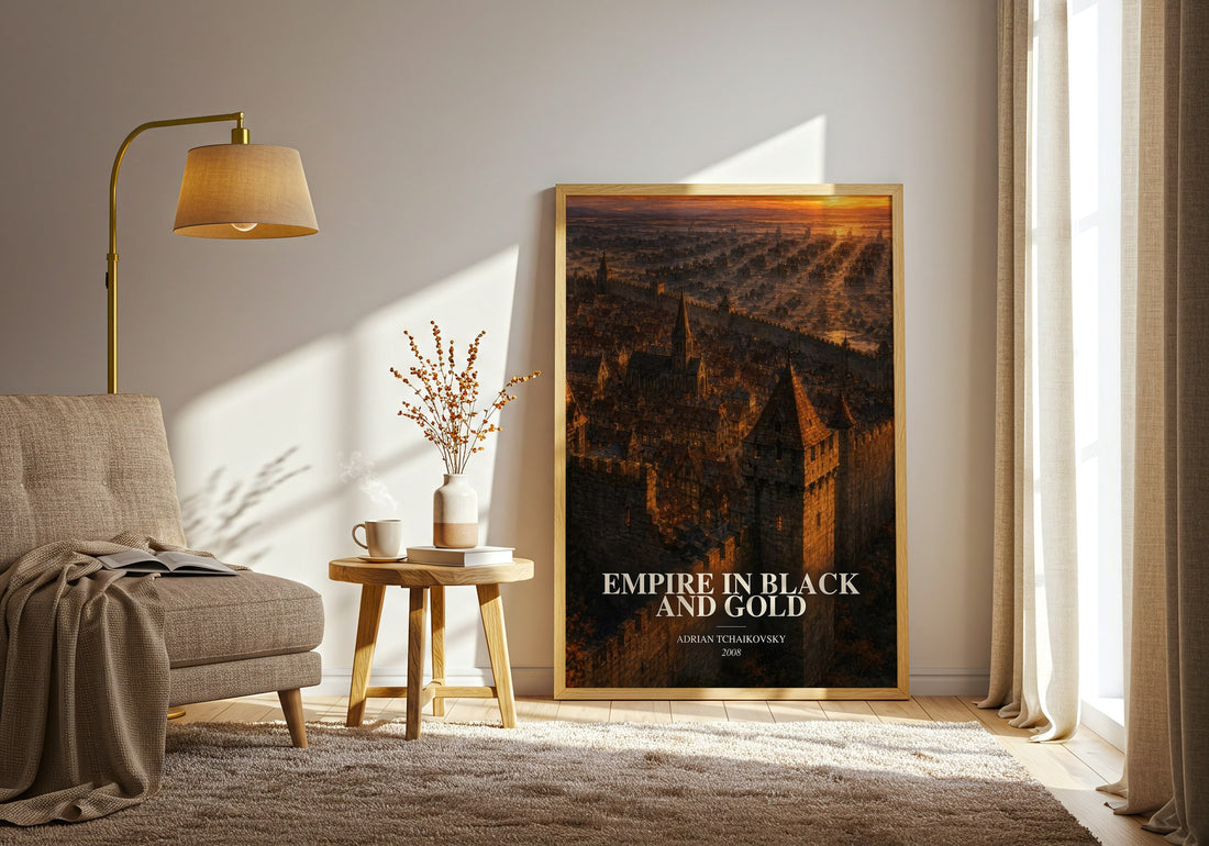 Empire in Black and Gold watercolour print in frame leaning in hallway – fantasy wall art (mockup)