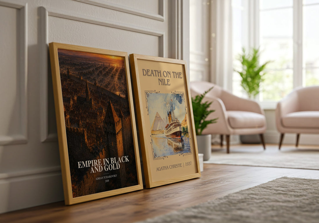 Empire in Black and Gold watercolour print framed by window – literary home decor