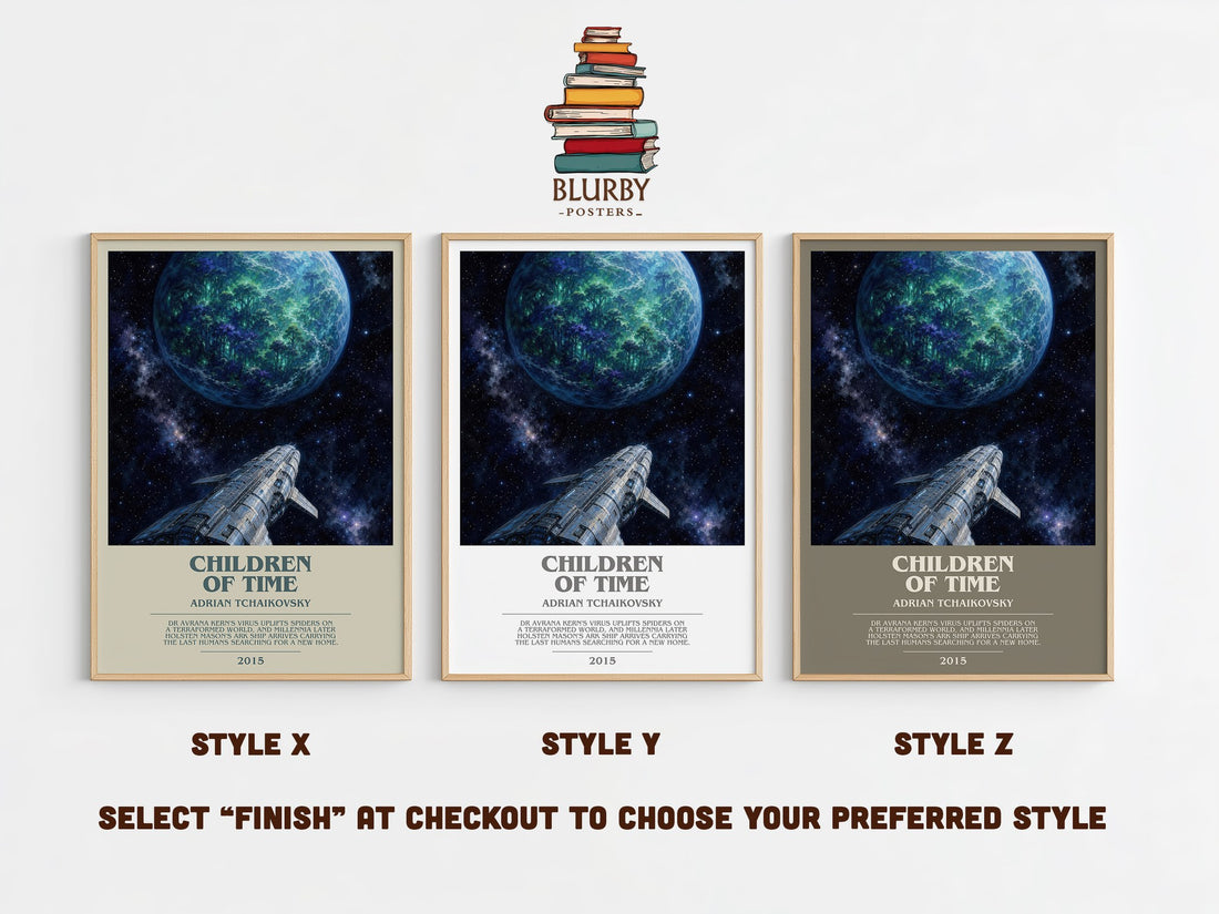 Children of Time bookish print in frame leaning in hallway – sci fi wall art (mockup)