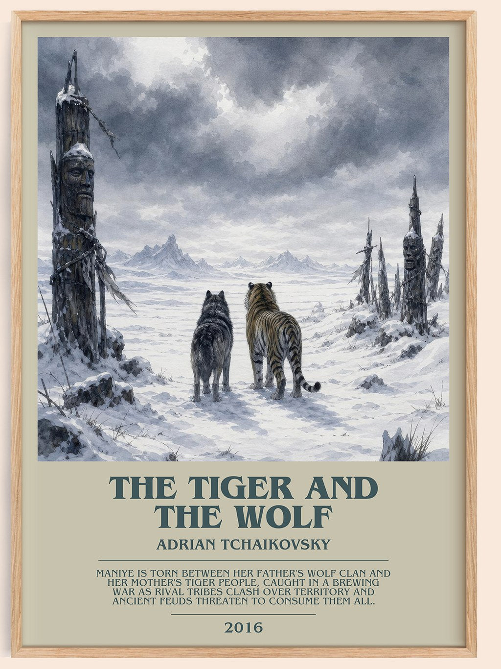 The Tiger and the Wolf bookish book poster by Adrian Tchaikovsky – framed literary art print