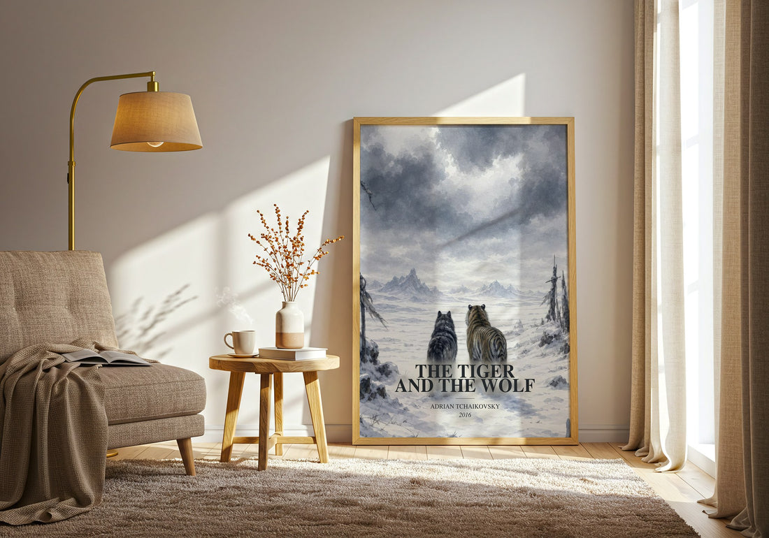 The Tiger and the Wolf watercolour print in frame leaning in hallway – fantasy wall art (mockup)