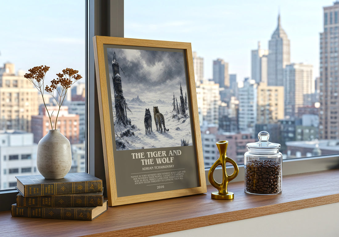 The Tiger and the Wolf Bookish Wall Art by Adrian Tchaikovsky – framed print on a city-view windowsill