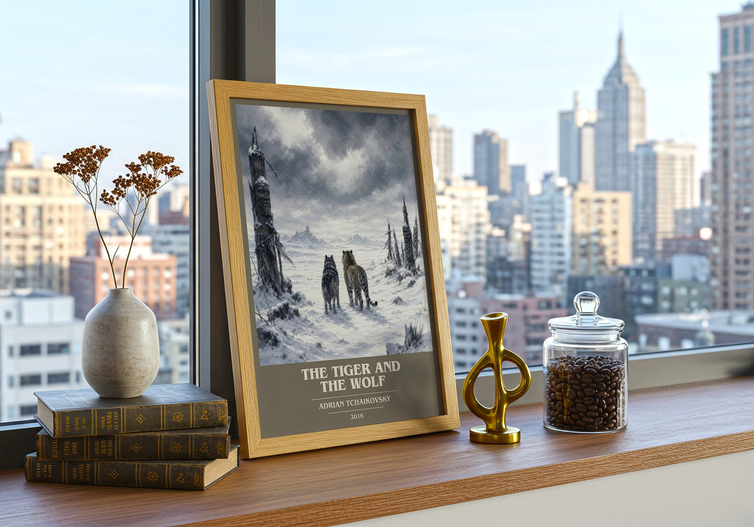 The Tiger and the Wolf book cover print framed by window – literary home decor