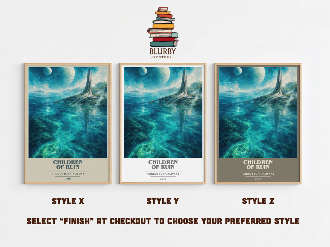 Children of Ruin book cover print in frame leaning in hallway – sci fi wall art (mockup)