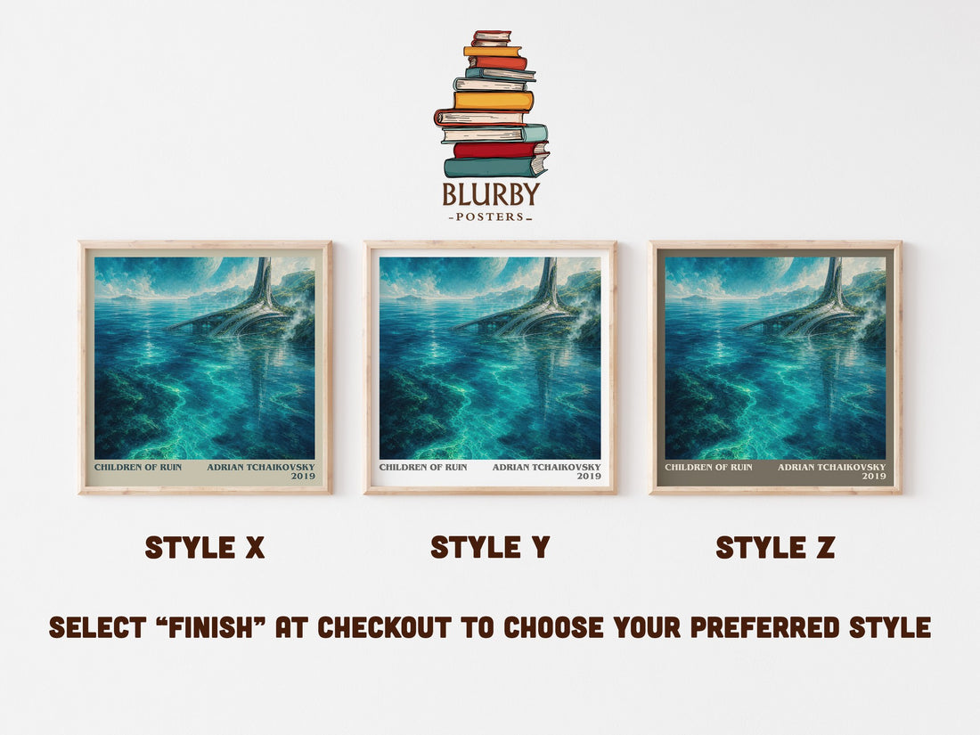 Children of Ruin literary print in frame leaning in hallway – sci fi wall art (mockup)