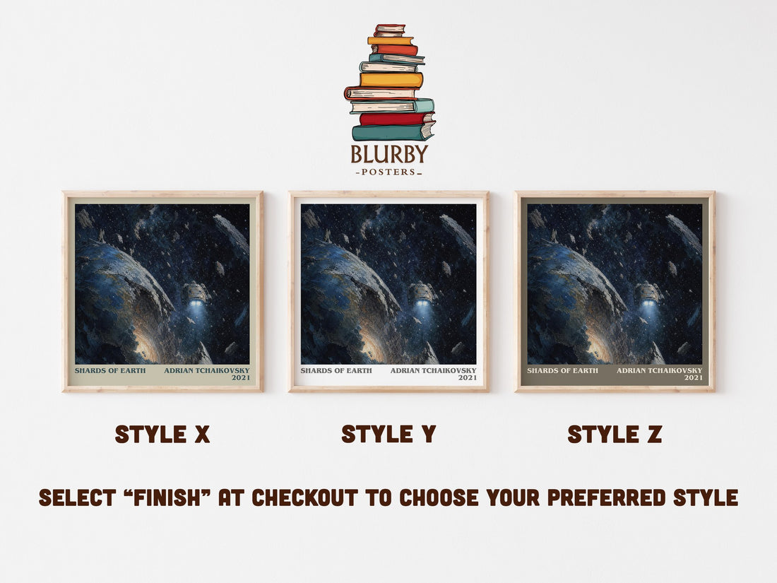 Shards of Earth literary print in frame leaning in hallway – sci fi wall art (mockup)