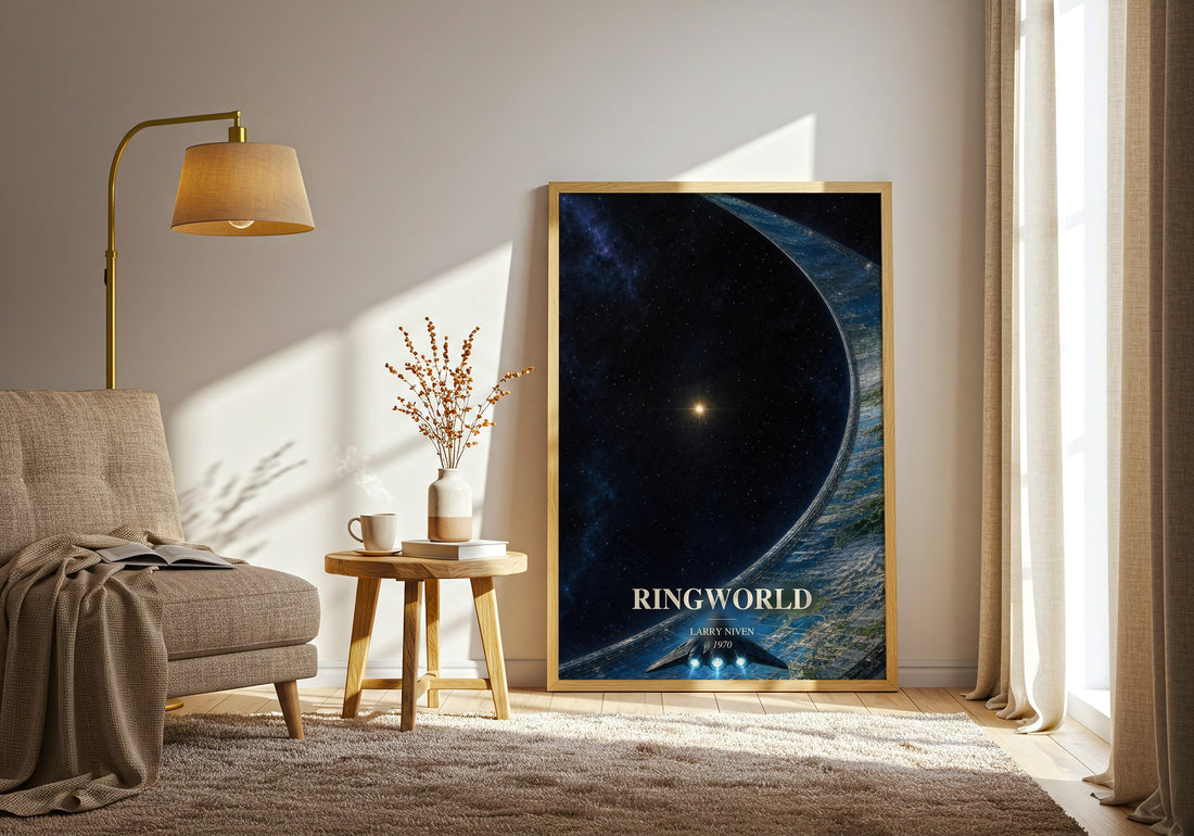 Ringworld watercolour print in frame leaning in hallway – sci fi wall art (mockup)