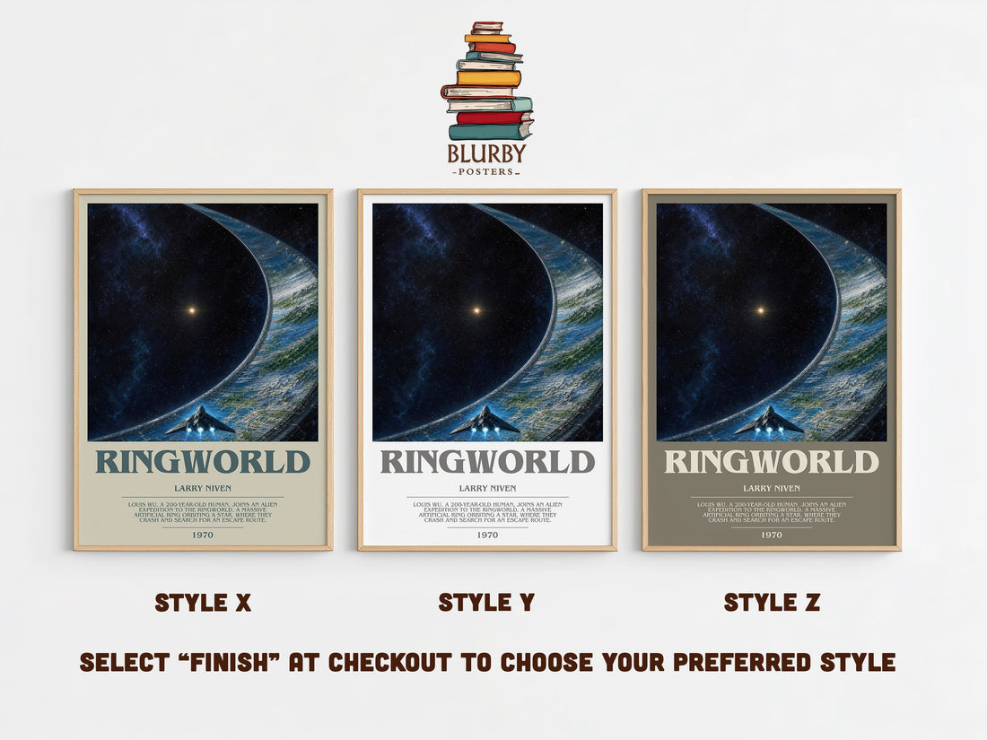 Ringworld bookish print in frame leaning in hallway – sci fi wall art (mockup)
