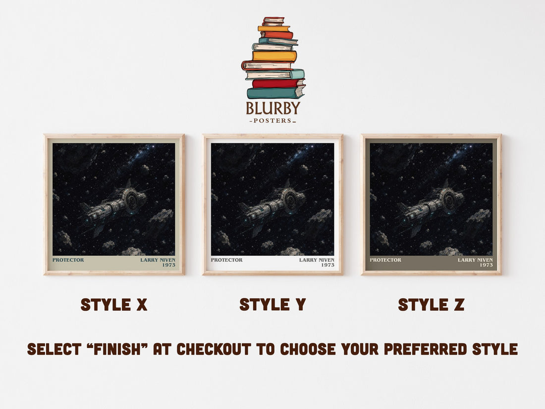 Protector literary print in frame leaning in hallway – sci fi wall art (mockup)