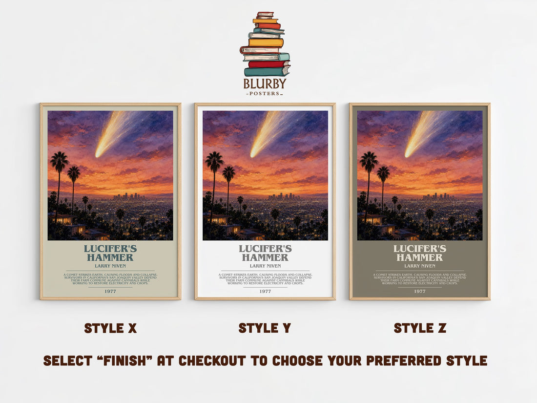 Lucifer's Hammer bookish print in frame leaning in hallway – sci fi wall art (mockup)