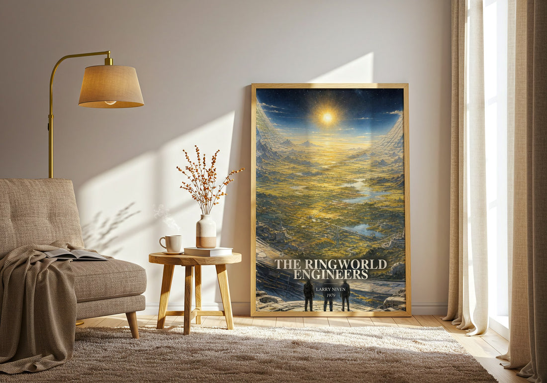 The Ringworld Engineers watercolour print in frame leaning in hallway – sci fi wall art (mockup)