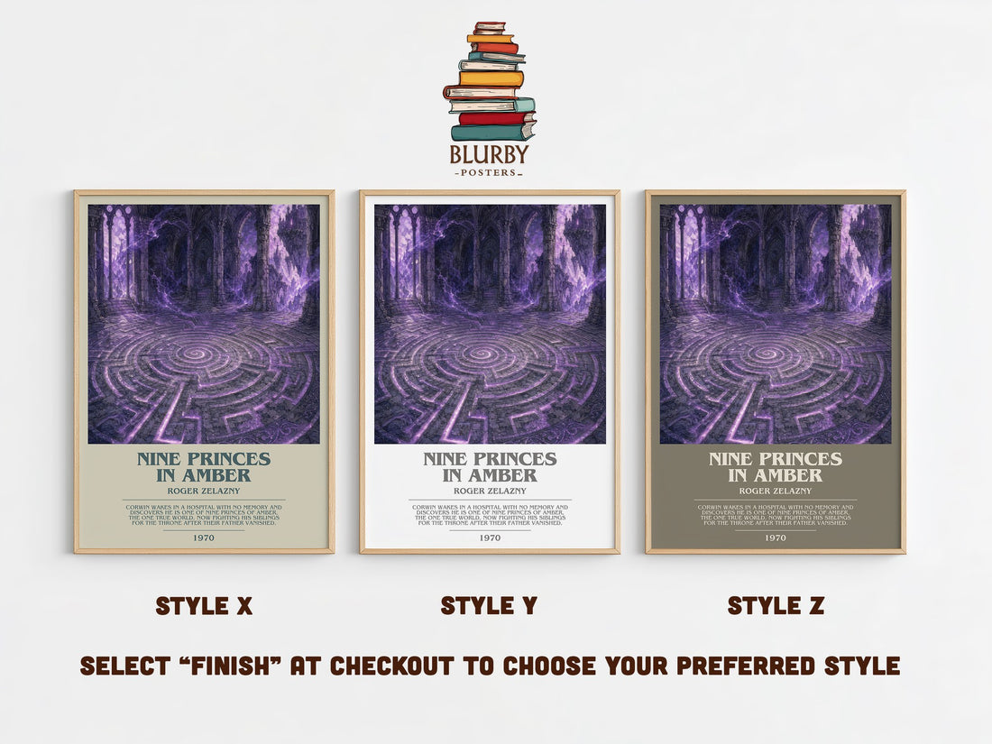 Nine Princes in Amber bookish print in frame leaning in hallway – fantasy wall art (mockup)