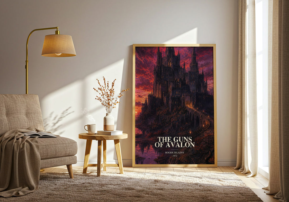 The Guns of Avalon watercolour print in frame leaning in hallway – fantasy wall art (mockup)