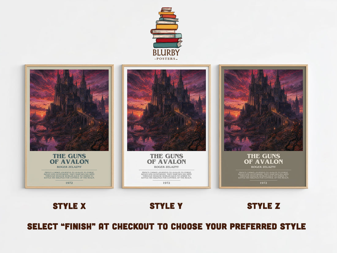 The Guns of Avalon bookish print in frame leaning in hallway – fantasy wall art (mockup)
