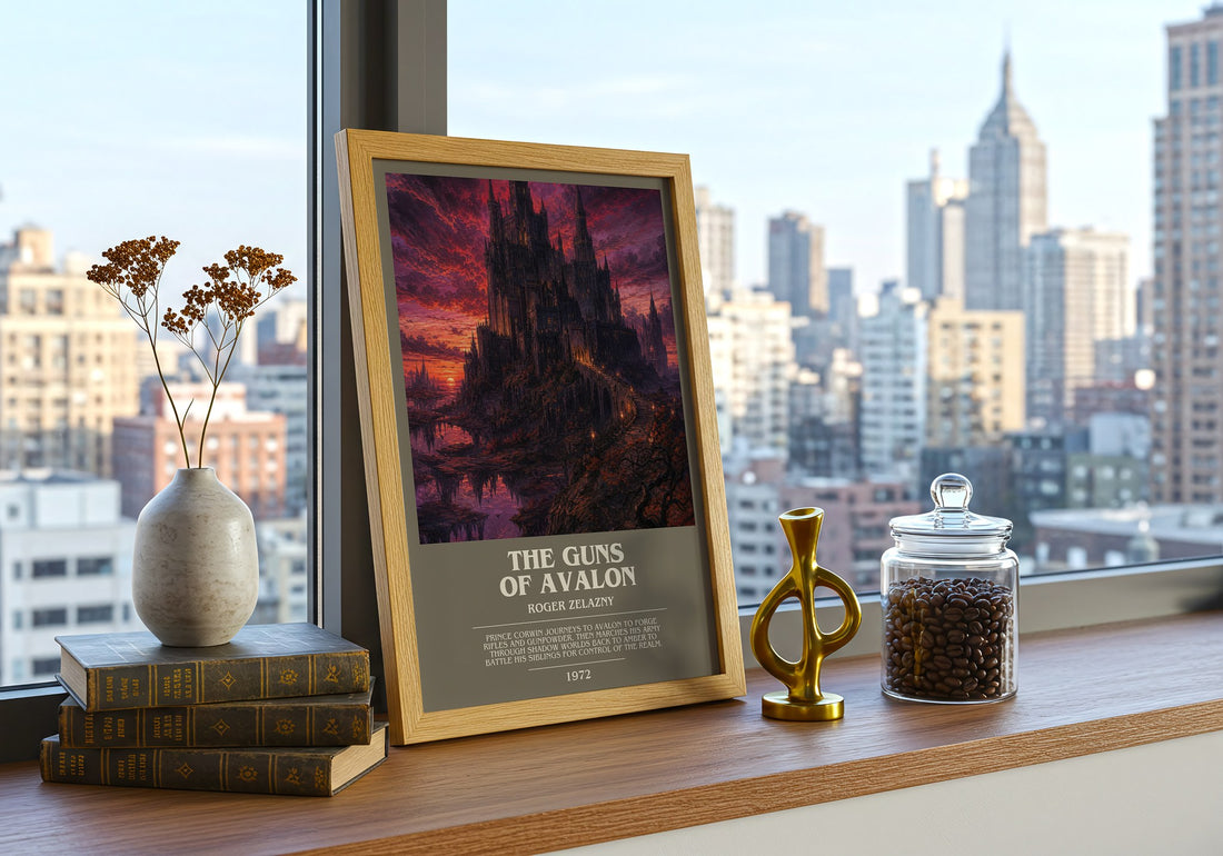 The Guns of Avalon bookish print framed by window – literary home decor