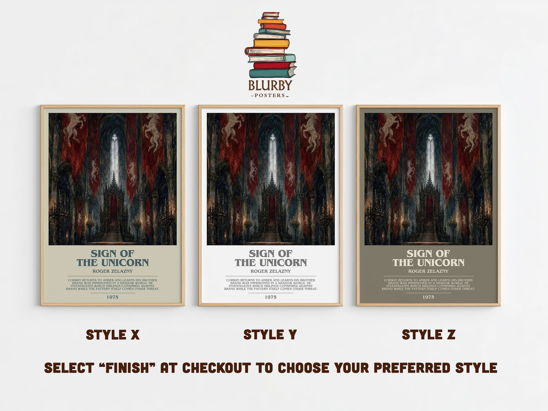Sign of the Unicorn bookish print in frame leaning in hallway – fantasy wall art (mockup)