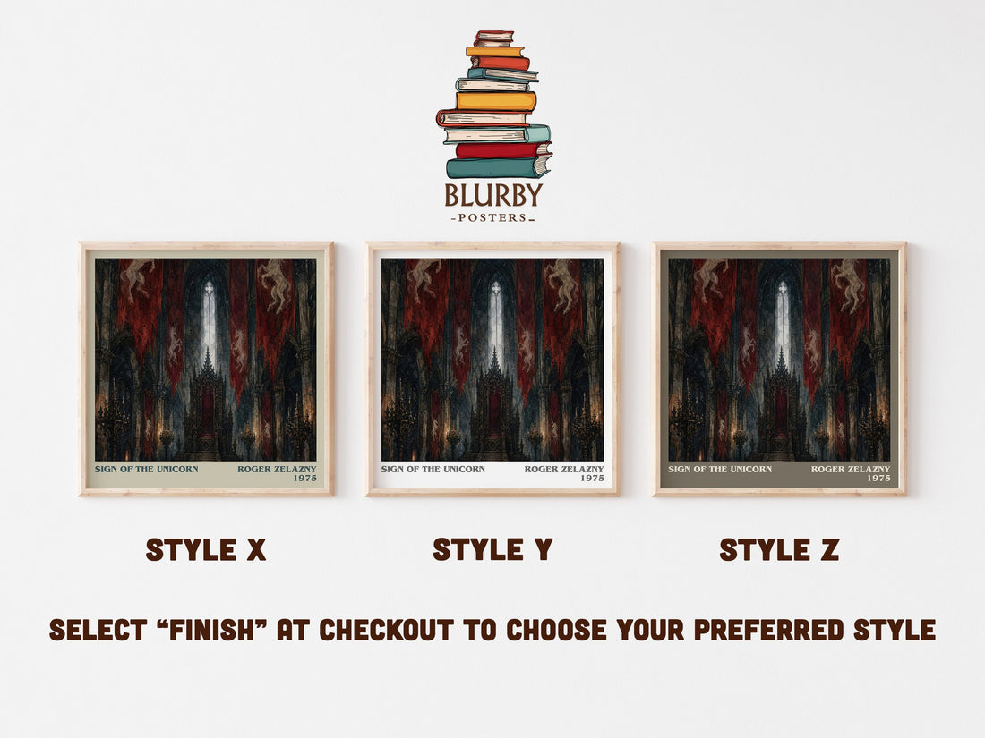 Sign of the Unicorn literary print in frame leaning in hallway – fantasy wall art (mockup)