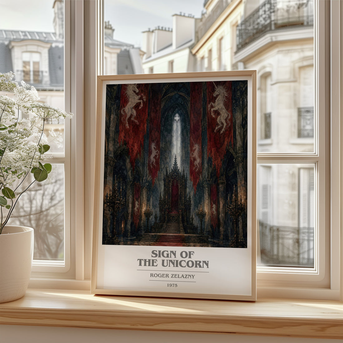 Sign of the Unicorn book cover poster colour and style options – Roger Zelazny book art
