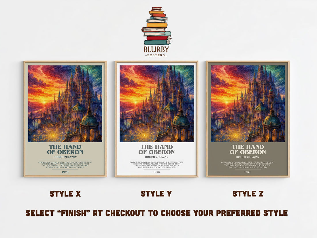 The Hand of Oberon bookish print in frame leaning in hallway – fantasy wall art (mockup)