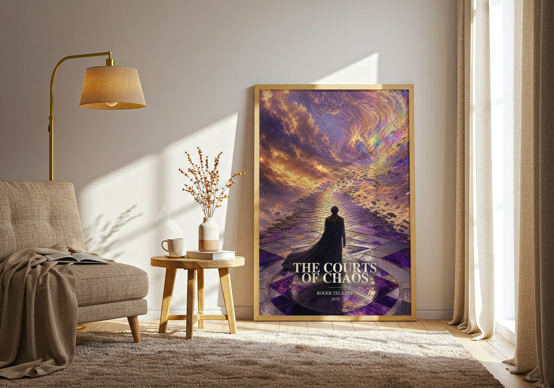 The Courts of Chaos watercolour print in frame leaning in hallway – fantasy wall art (mockup)