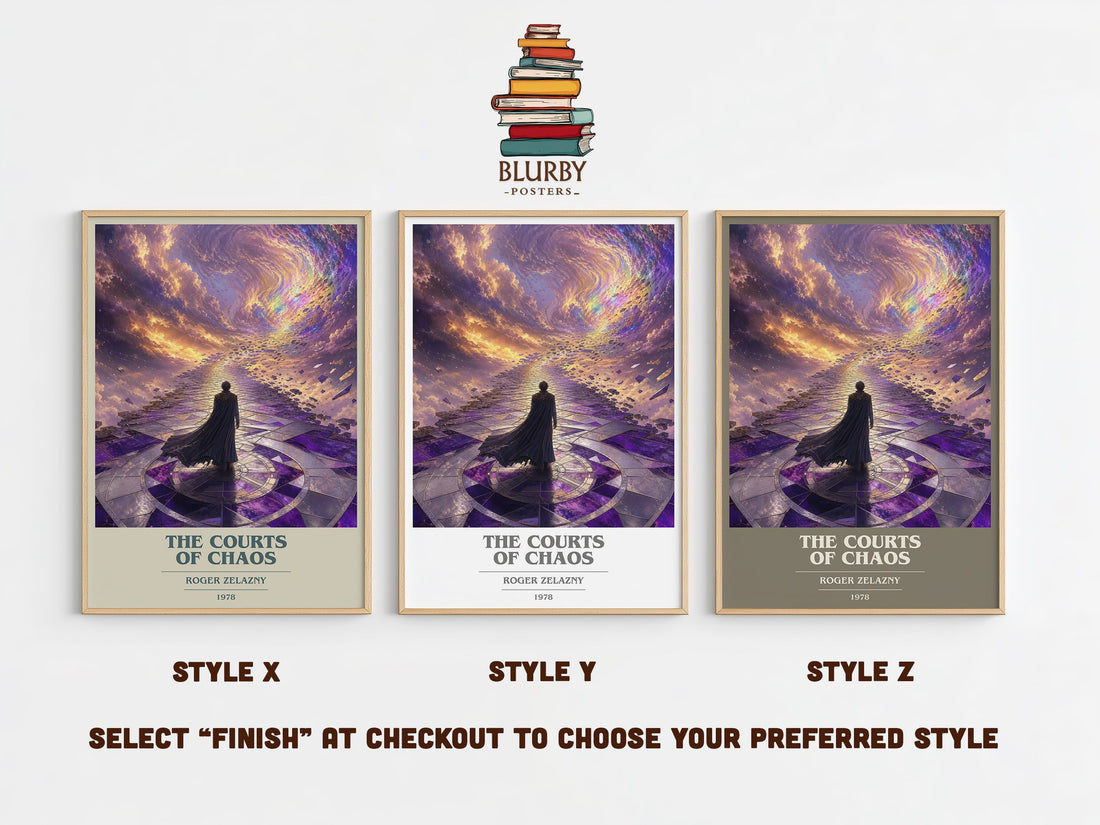 The Courts of Chaos book cover print in frame leaning in hallway – fantasy wall art (mockup)