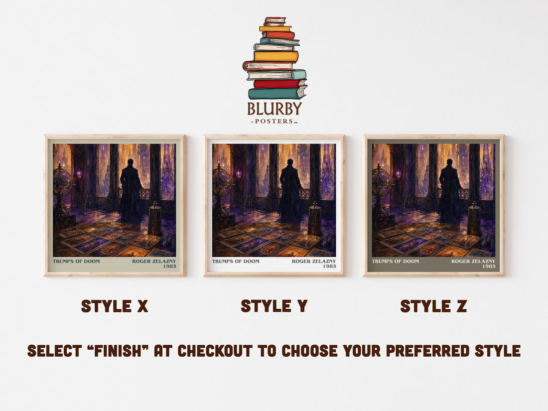 Trumps of Doom literary print in frame leaning in hallway – fantasy wall art (mockup)