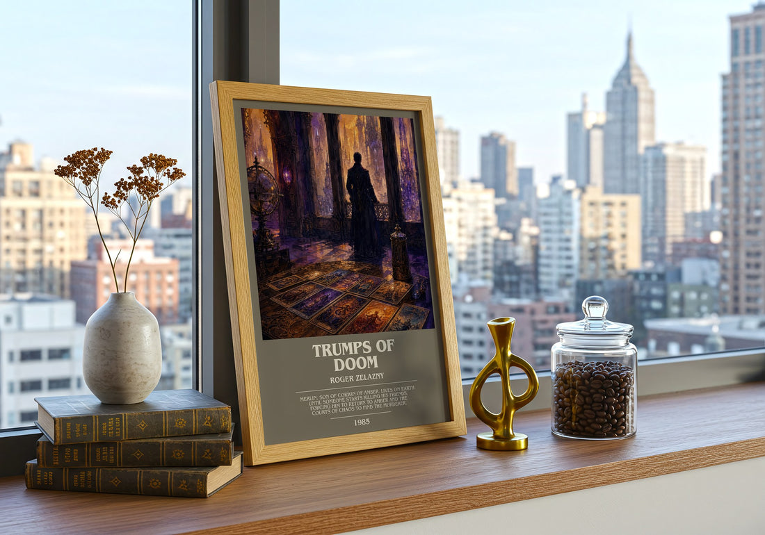 Trumps of Doom bookish print framed by window – literary home decor