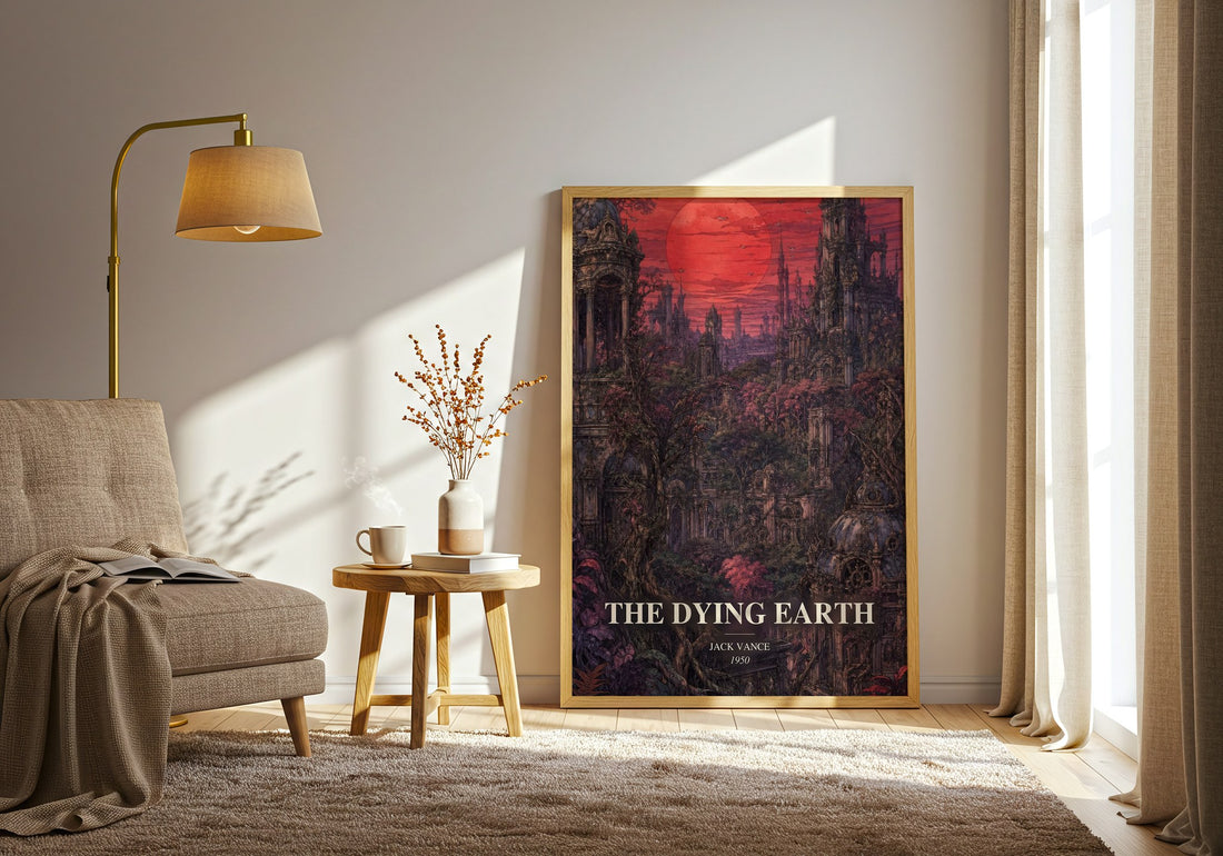 The Dying Earth watercolour print in frame leaning in hallway – fantasy wall art (mockup)
