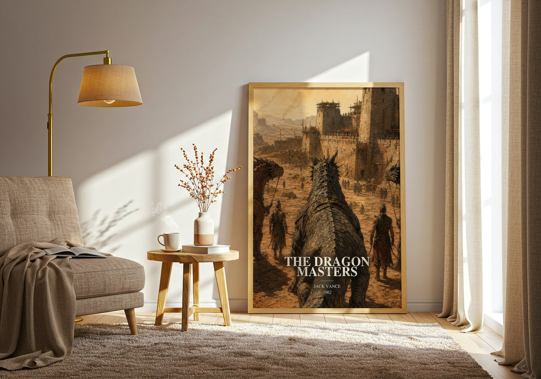 The Dragon Masters watercolour print in frame leaning in hallway – sci fi wall art (mockup)