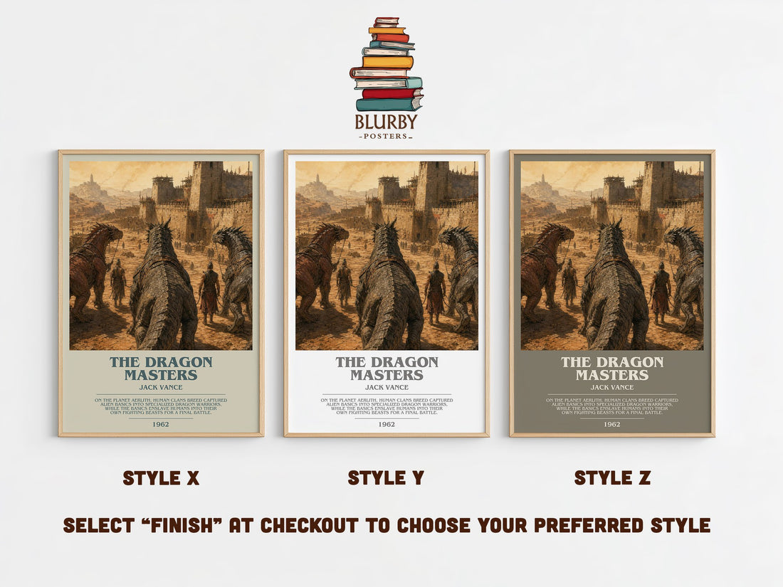 The Dragon Masters bookish print in frame leaning in hallway – sci fi wall art (mockup)