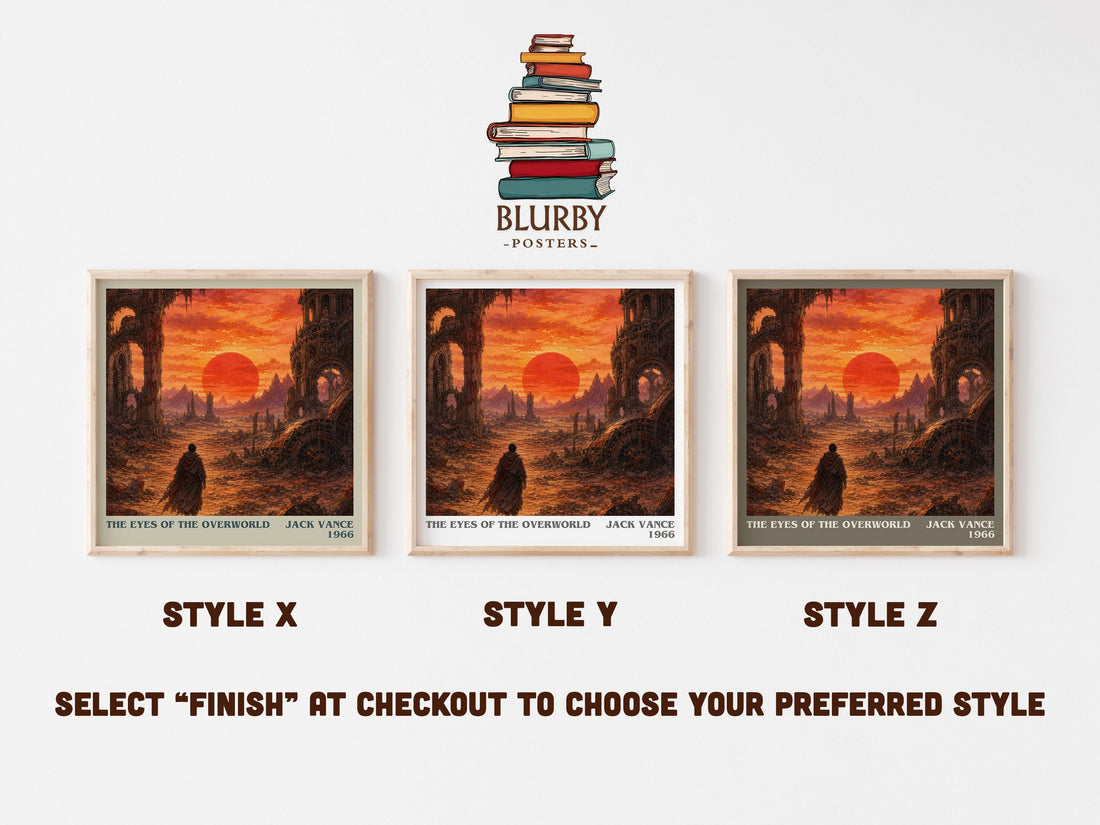 The Eyes of the Overworld literary print in frame leaning in hallway – sci fi wall art (mockup)