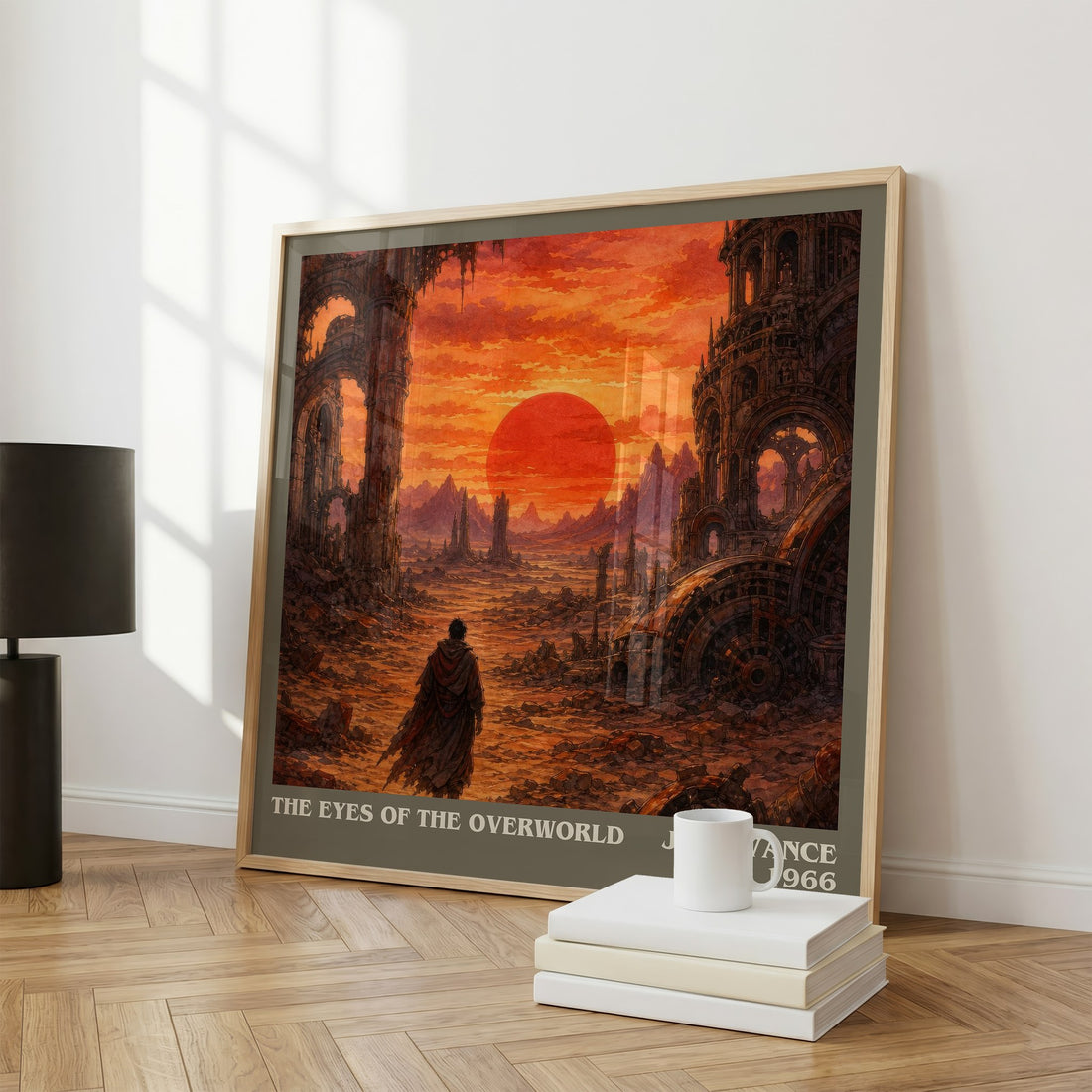 The Eyes of the Overworld Literary Art Print by Jack Vance – large square framed print leaning against a wall
