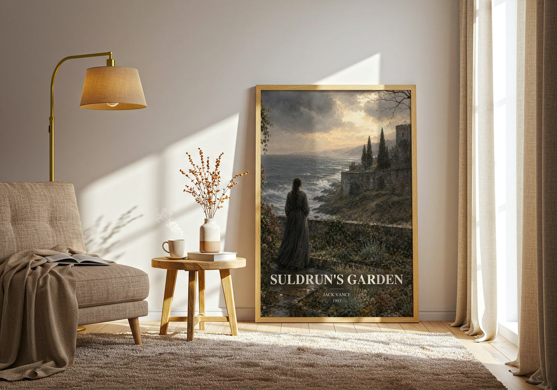 Suldrun's Garden watercolour print in frame leaning in hallway – fantasy wall art (mockup)