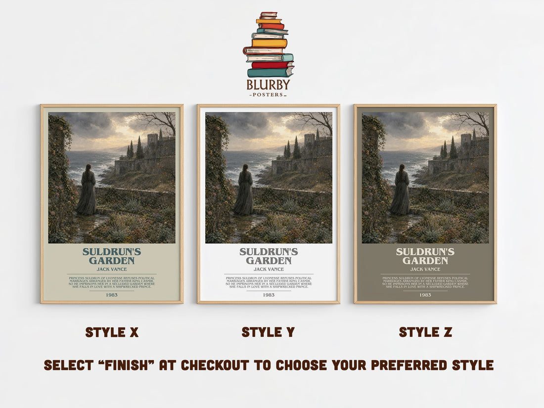 Suldrun's Garden bookish print in frame leaning in hallway – fantasy wall art (mockup)