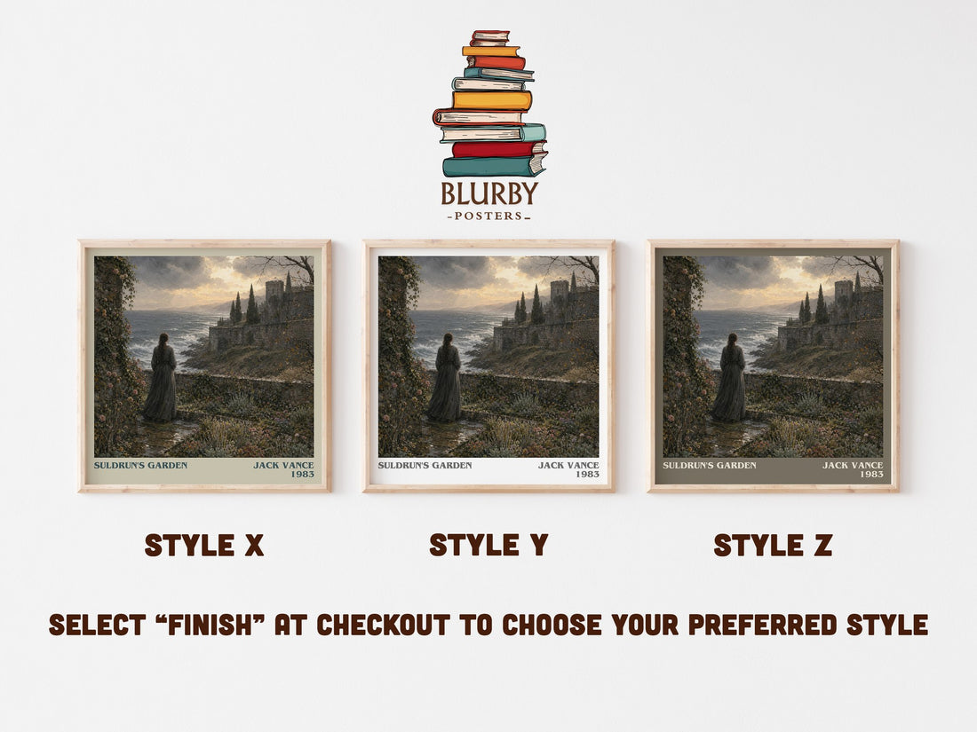 Suldrun's Garden literary print in frame leaning in hallway – fantasy wall art (mockup)