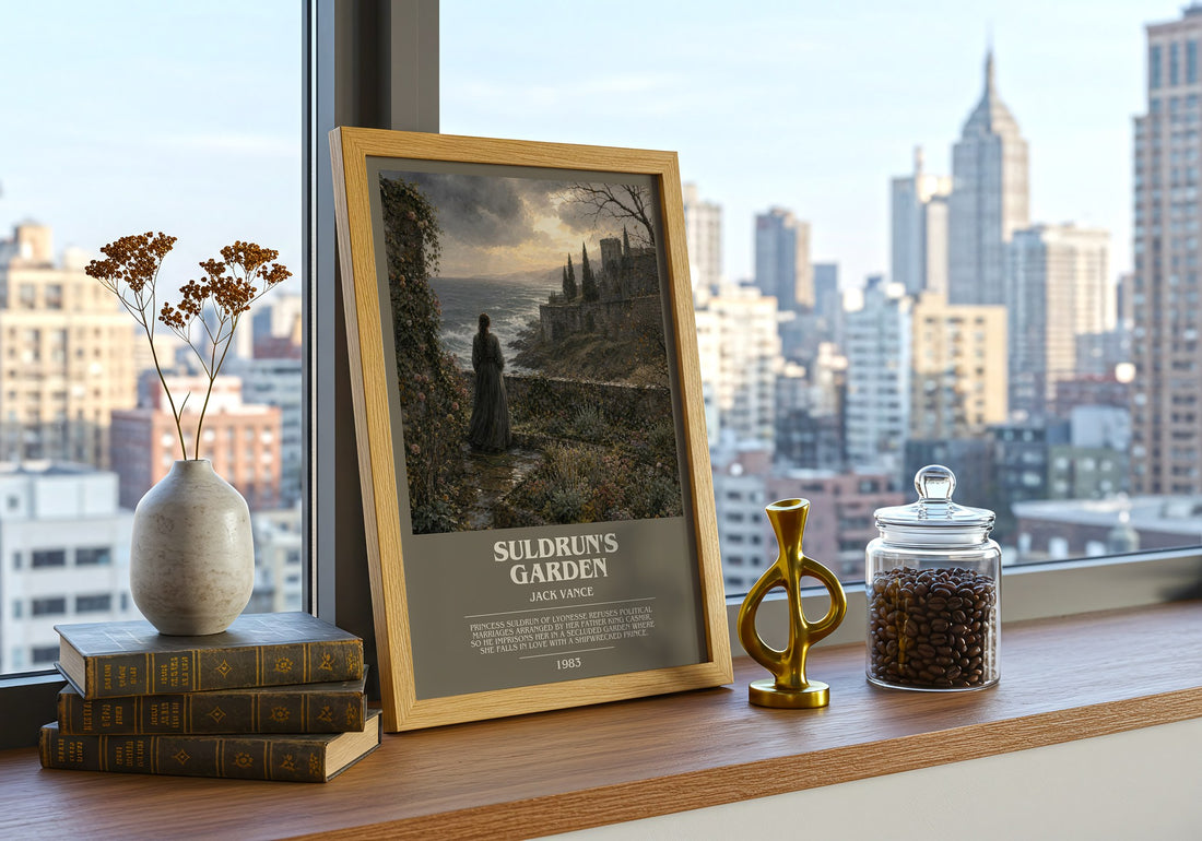 Suldrun's Garden bookish print framed by window – literary home decor